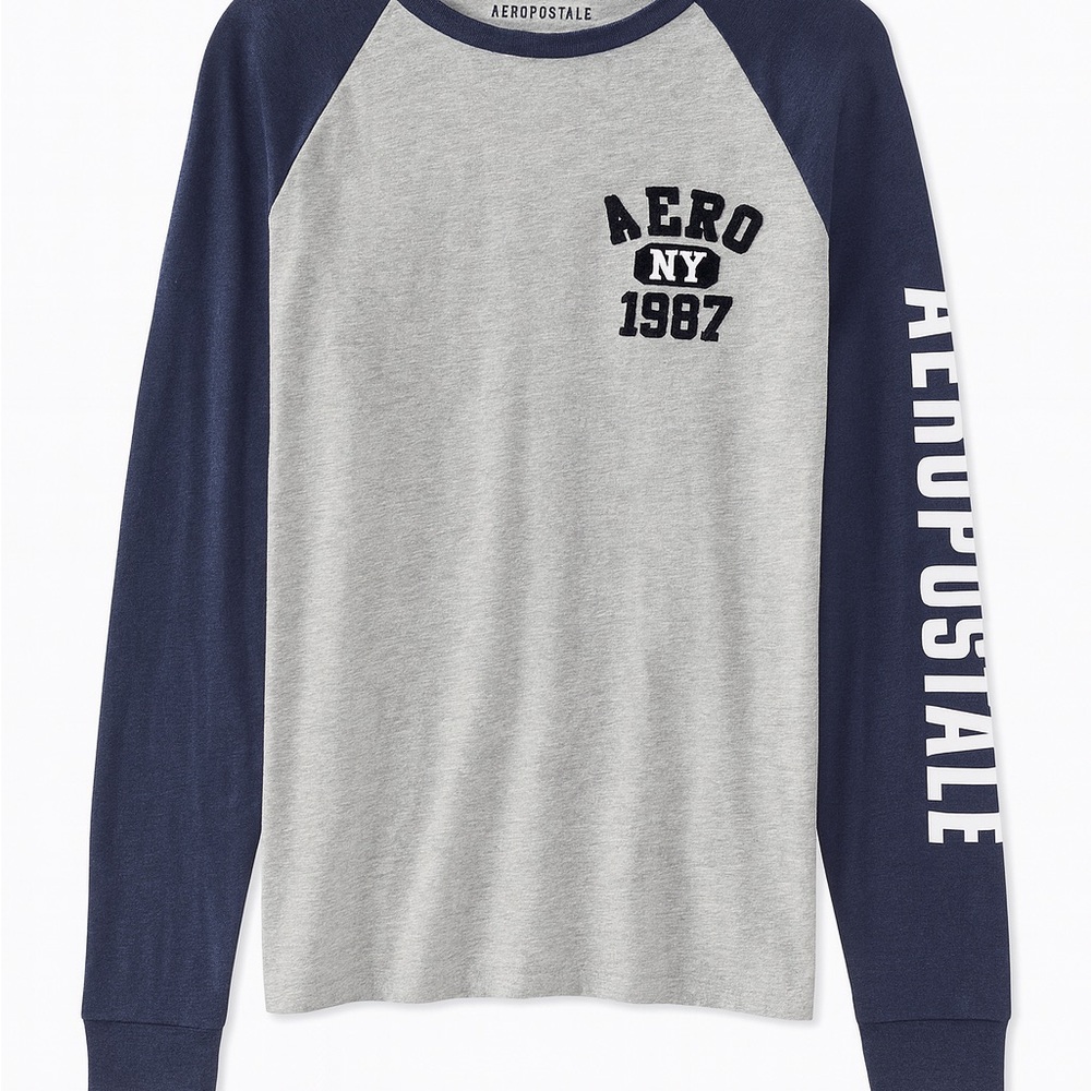 Men’s Aeropostale Raglan Long Sleeve Colorblock Graphic Shirt Navy Gray Size L